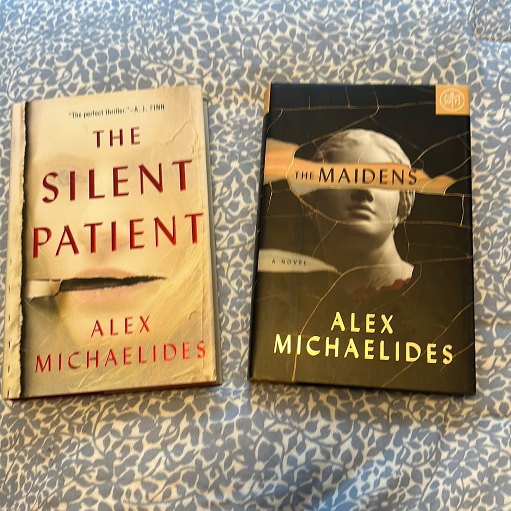 Set of Alex Michaelides hardcover books.  The Silent Patient and The Maiden.